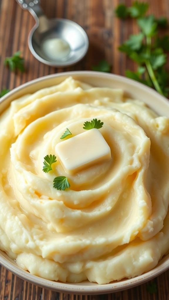 Creamy mashed potatoes topped with butter and parsley in a rustic bowl on a wooden table.